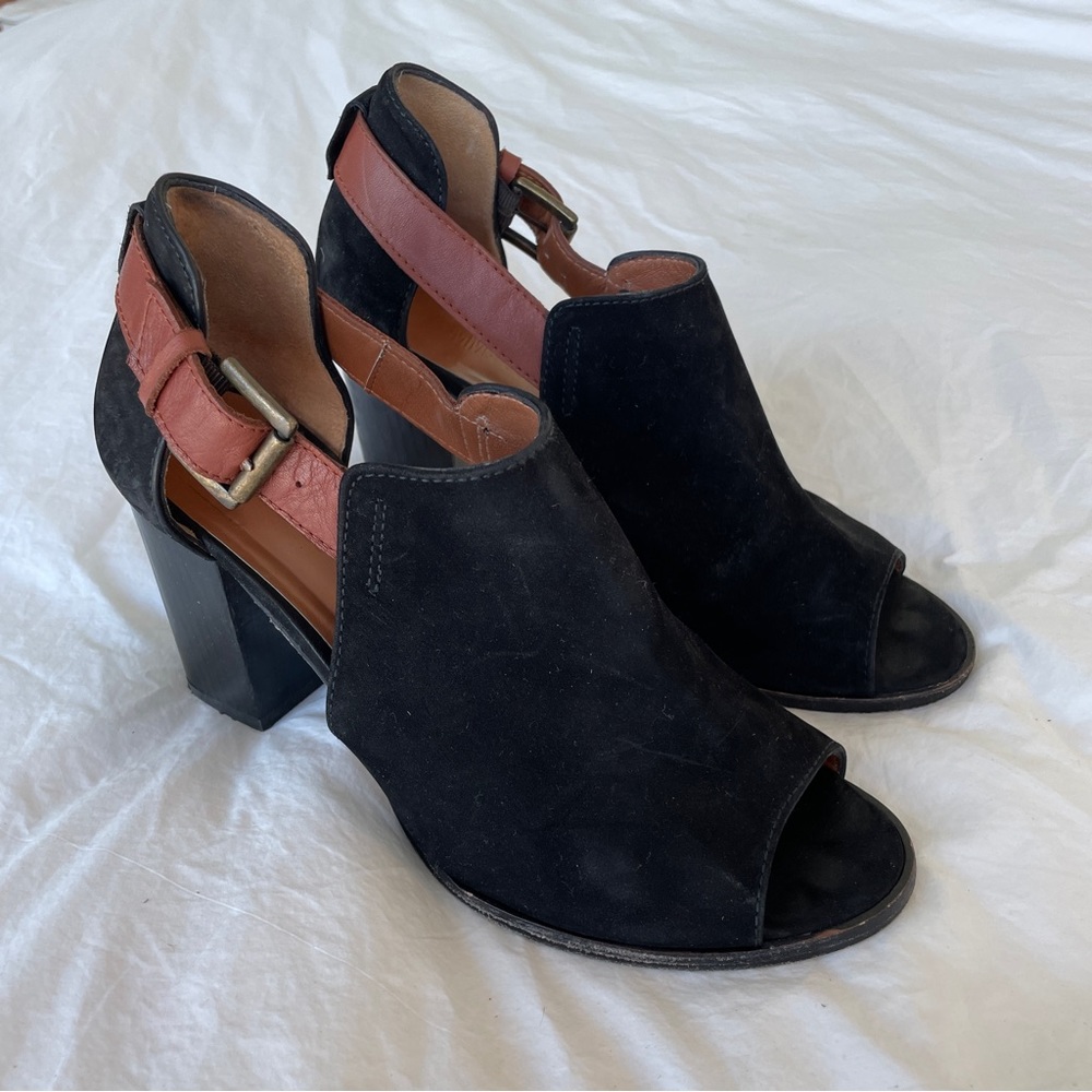 Anthropologie Emma Go Peep-toe Black Suede Heel Booties Handmade in Spain